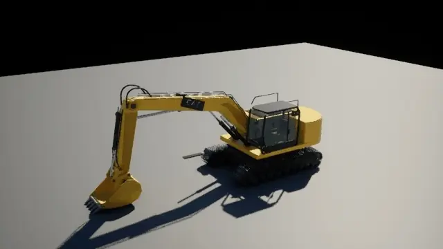Rendered 20-tonne class excavator cycling through reach, curl, lift, slew and dump